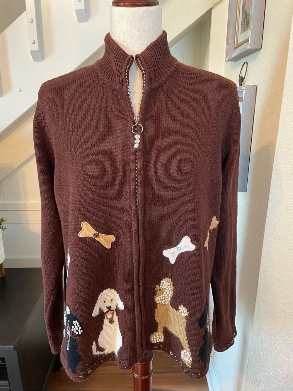 Vintage Designers Originals Studio Dog Lovers Knit Zip Cardigan Sweater Size L